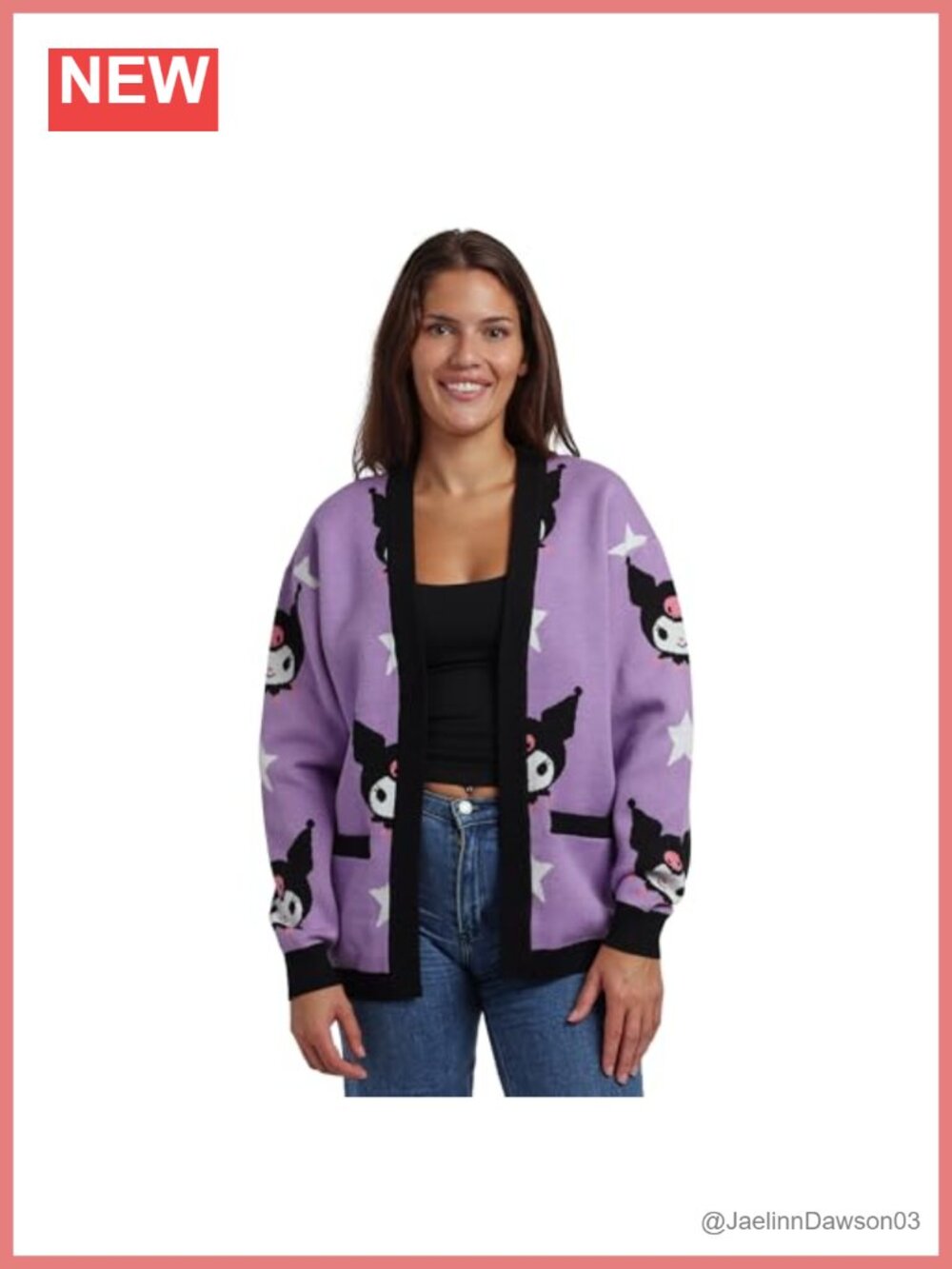 Kuromi Stars All-Over Print Women's Long Sleeve Cardigan V-Neck Lightweight